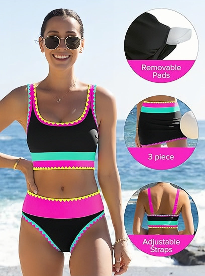 🌼Color Block Patchwork Nylon Sporty 3-Piece Bikini Set - High Waisted & Tummy Control Swimsuit👙🌈