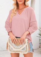 🔥Womens 3/4 Lantern Sleeve Casual V-Neck T-Shirts Pleated Loose Hollow-Out Blouse
