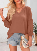 🔥Womens 3/4 Lantern Sleeve Casual V-Neck T-Shirts Pleated Loose Hollow-Out Blouse