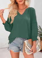 🔥Womens 3/4 Lantern Sleeve Casual V-Neck T-Shirts Pleated Loose Hollow-Out Blouse