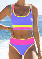 🌼Color Block Patchwork Nylon Sporty 3-Piece Bikini Set - High Waisted & Tummy Control Swimsuit👙🌈