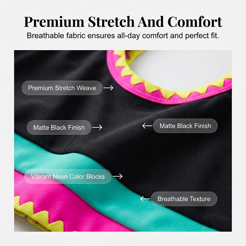 🌼Color Block Patchwork Nylon Sporty 3-Piece Bikini Set - High Waisted & Tummy Control Swimsuit👙🌈