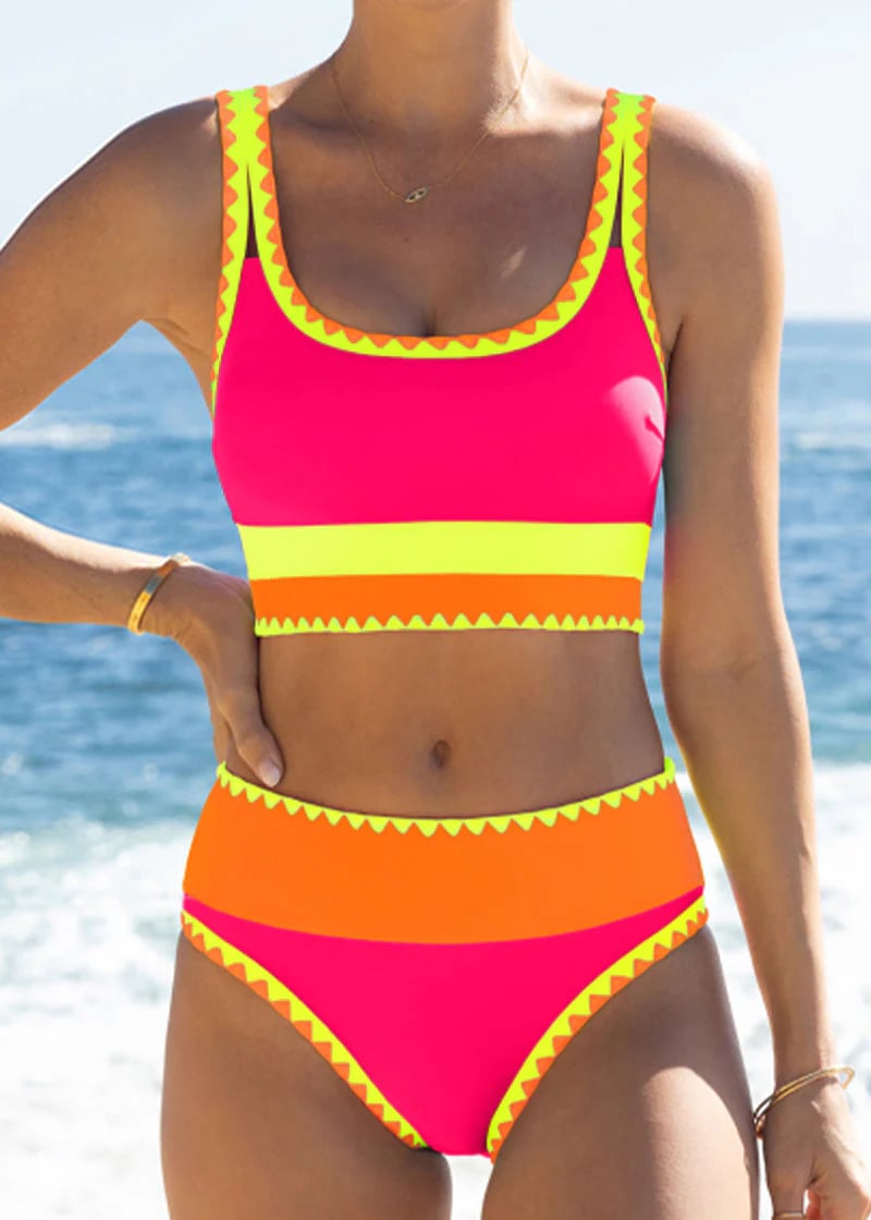 🌼Color Block Patchwork Nylon Sporty 3-Piece Bikini Set - High Waisted & Tummy Control Swimsuit👙🌈