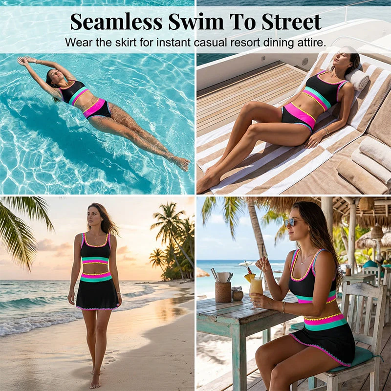 🌼Color Block Patchwork Nylon Sporty 3-Piece Bikini Set - High Waisted & Tummy Control Swimsuit👙🌈