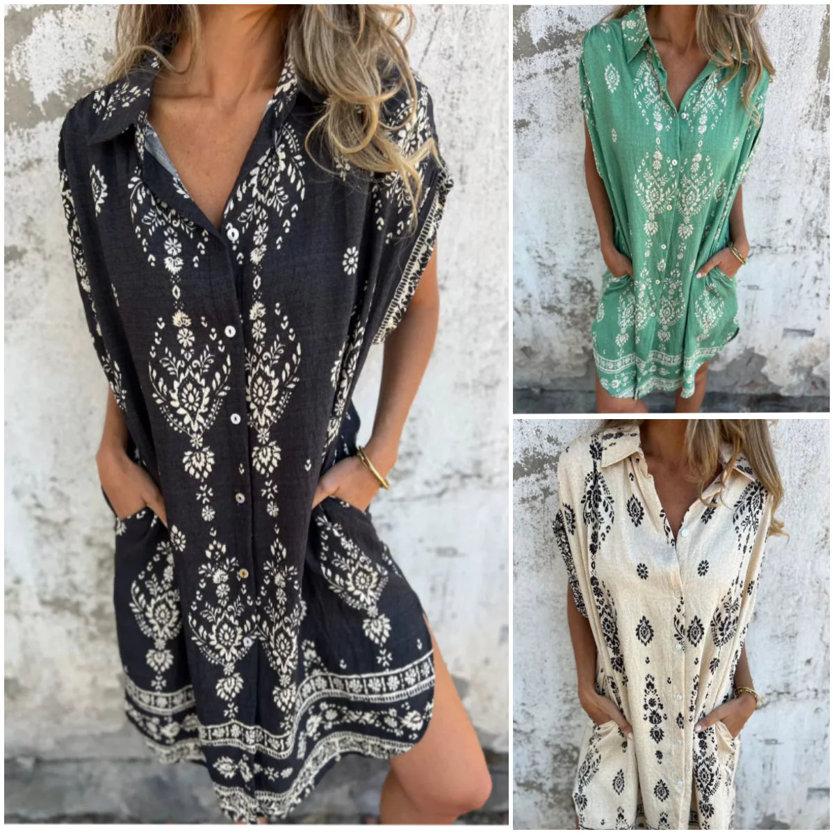 Loose-Fit Printed Short Sleeve Dress with Pockets