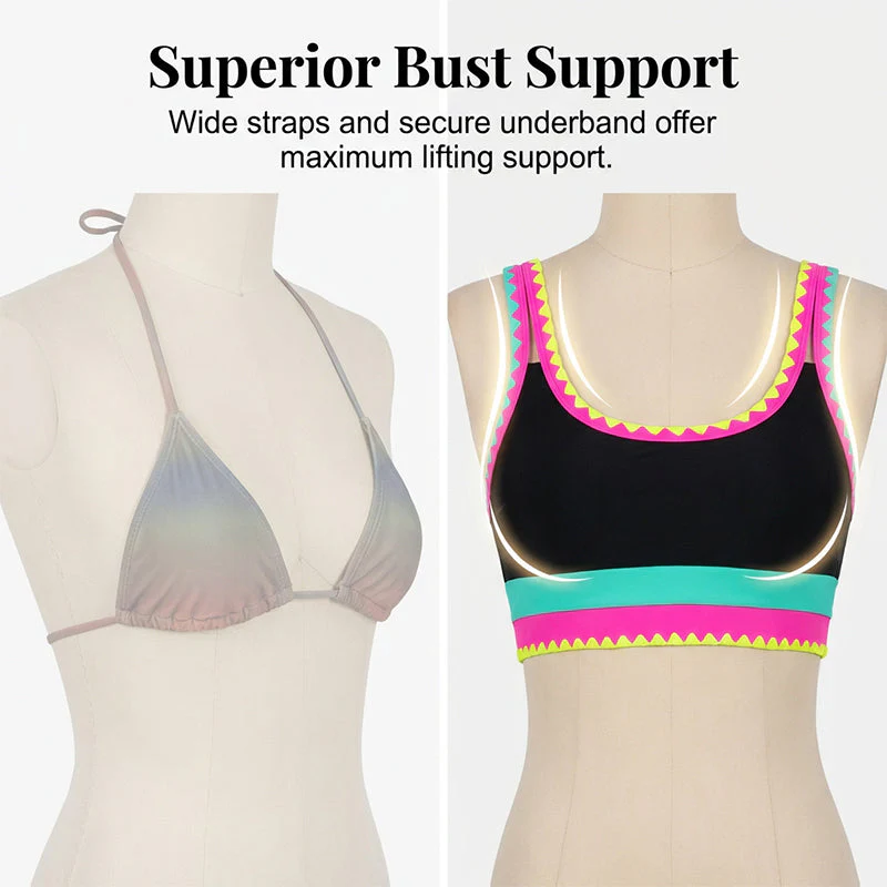 🌼Color Block Patchwork Nylon Sporty 3-Piece Bikini Set - High Waisted & Tummy Control Swimsuit👙🌈