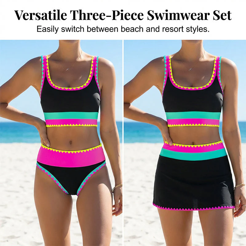 🌼Color Block Patchwork Nylon Sporty 3-Piece Bikini Set - High Waisted & Tummy Control Swimsuit👙🌈
