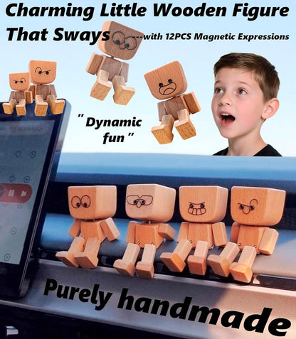 🔥Charming Little Swaying Wooden Figure & 12PCS Magnetic Expressions