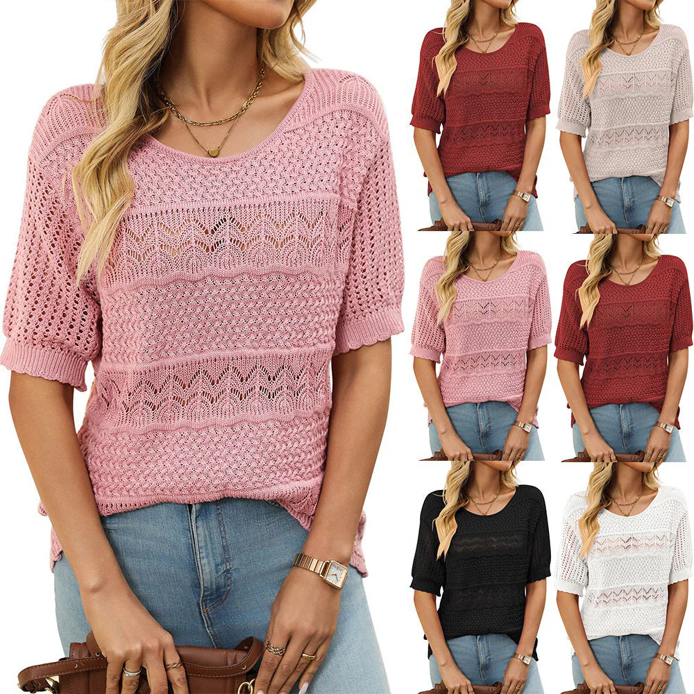 Women's Round Neck Hollow Knit Crochet Short Sleeve Sweater