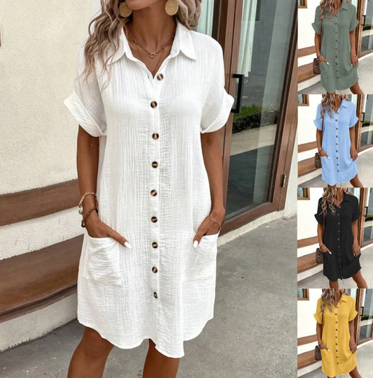 💝Women's Buttoned Short Sleeve Pocket Casual Shirt Dress