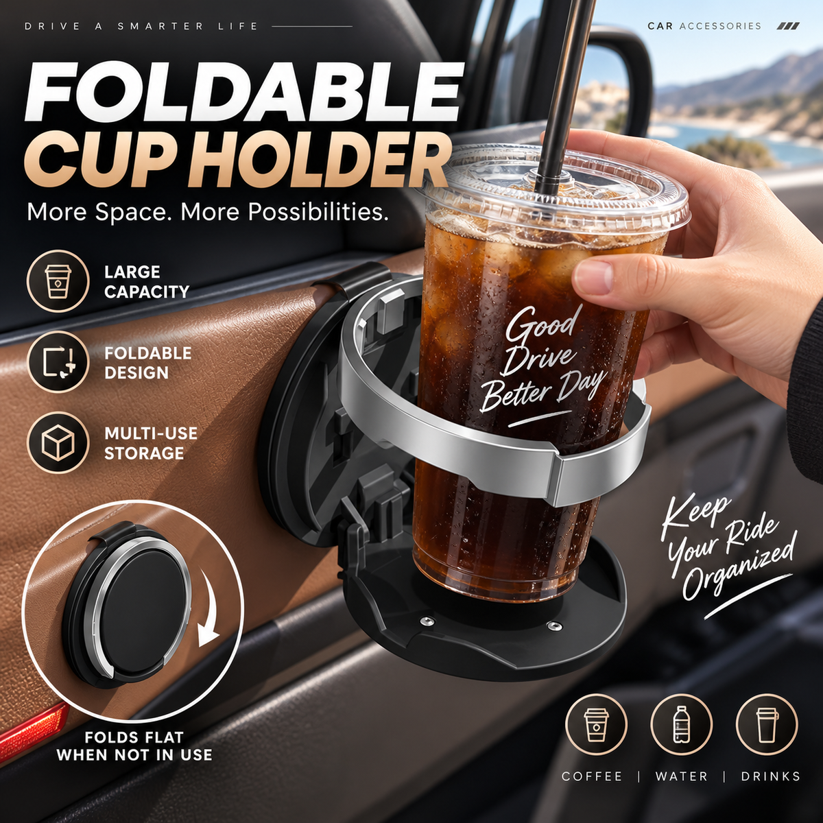 🚗 LIMITED-TIME 50% OFF! 🥤 Foldable Car Door Drink Holder – Multi-Purpose, Clip-On, Faux Leather ✨