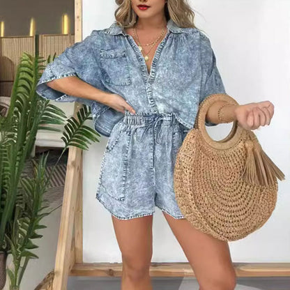 Conjunto de dos piezas de camisa vaquera de verano para mujer