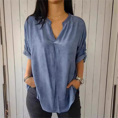 Disfrute de un descuento del 41% de inmediato 🌟 Blusa de cuello V de color sólido transpirable casual