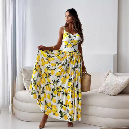 🍋Vestido Largo de Espaguetis con Impresión de Limón y Tirantes für Frauen👗