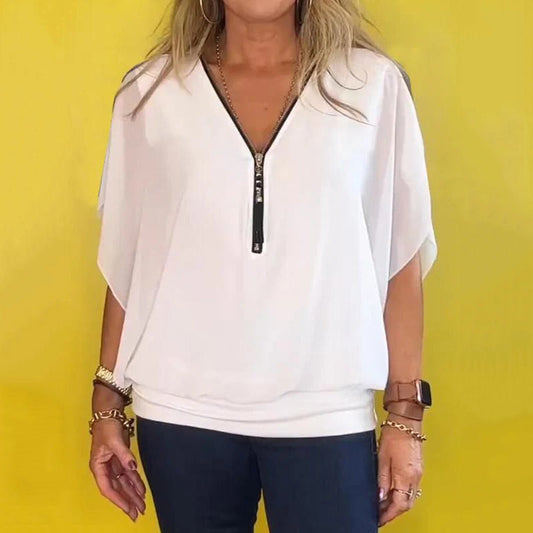 🌸Hasta el 40% de descuento🔥Top casual de mujer con cuello de gasa y cremallera