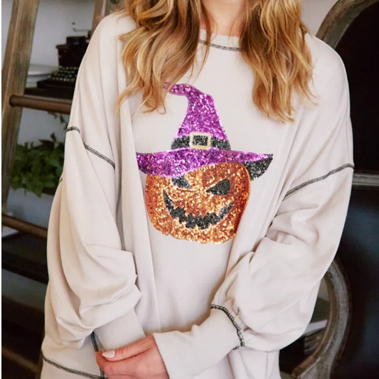 🔥Hot Sale de Halloween🎊Chic Sudadera de Mujer Brillante Calabaza Maga de Halloween🎃