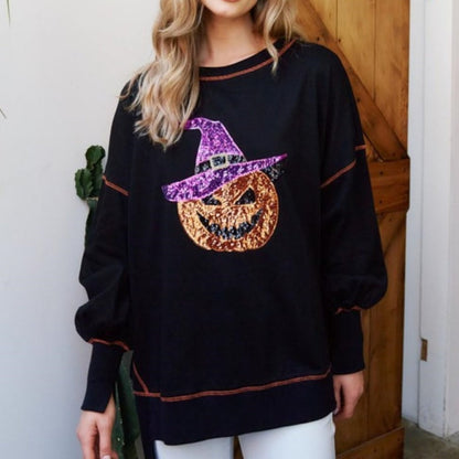 🔥Hot Sale de Halloween🎊Chic Sudadera de Mujer Brillante Calabaza Maga de Halloween🎃