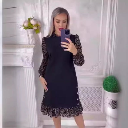 🔥Ofertas de otoño🔥Vestido de leopardo de color con cuello alto y largo hasta la rodilla