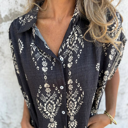 Loose-Fit Printed Short Sleeve Dress with Pockets
