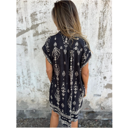 Loose-Fit Printed Short Sleeve Dress with Pockets