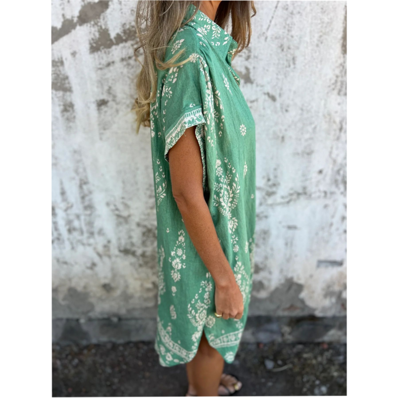 Loose-Fit Printed Short Sleeve Dress with Pockets