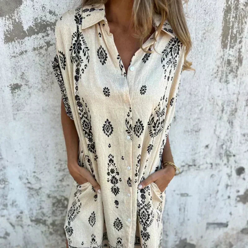 Loose-Fit Printed Short Sleeve Dress with Pockets