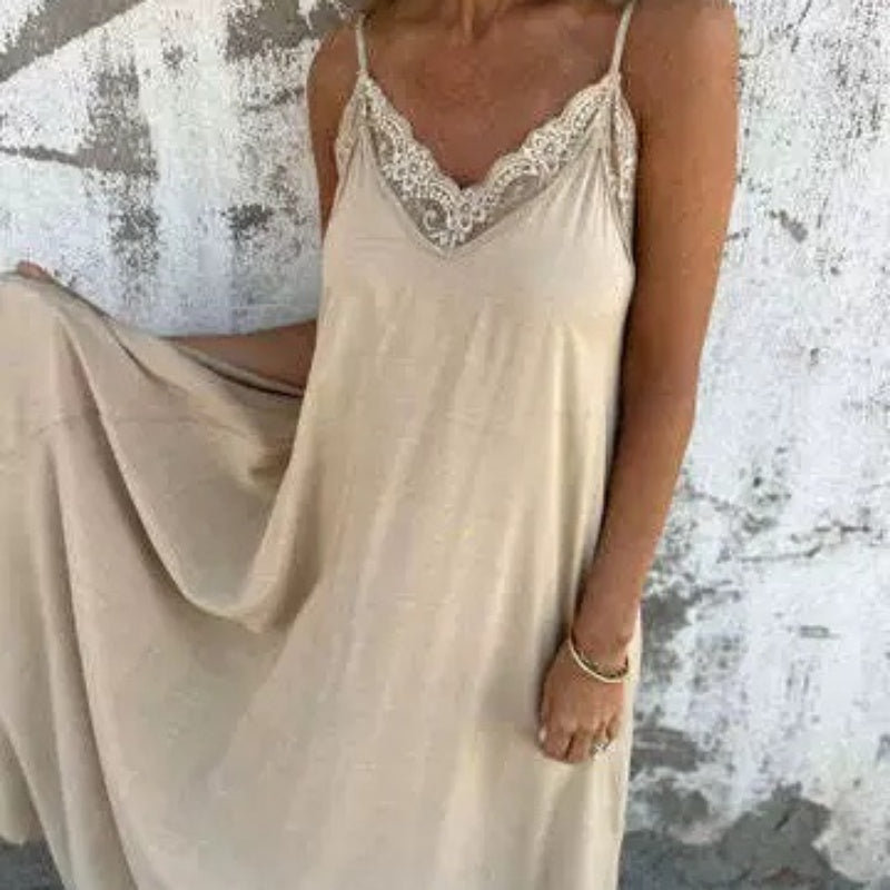 🌸Spring Specials💐 Women's Elegant Lace Trim V-Neck Spaghetti Strap Maxi Dress