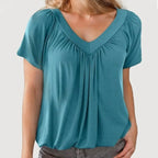 Women's Casual Pleated V-Neck Short-Sleeve Top