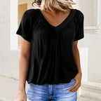 Women's Casual Pleated V-Neck Short-Sleeve Top