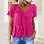 Women's Casual Pleated V-Neck Short-Sleeve Top
