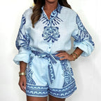 💕Patterned Tie Waist Button Up Shorts Co-ord