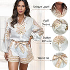 💕Patterned Tie Waist Button Up Shorts Co-ord