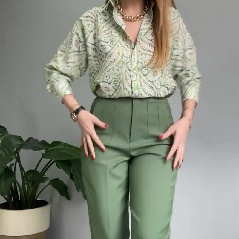 💐 Women's Printed Button-Up Shirt & Pants (High-end Fabric 2-Piece Set)