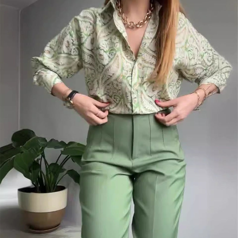 💐 Women's Printed Button-Up Shirt & Pants (High-end Fabric 2-Piece Set)