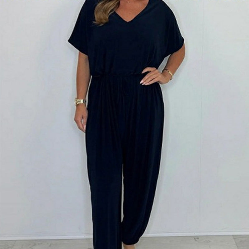 Women's V-Neck Solid Color Loose Waisted Jumpsuit
