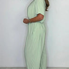 Women's V-Neck Solid Color Loose Waisted Jumpsuit