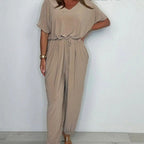 Women's V-Neck Solid Color Loose Waisted Jumpsuit