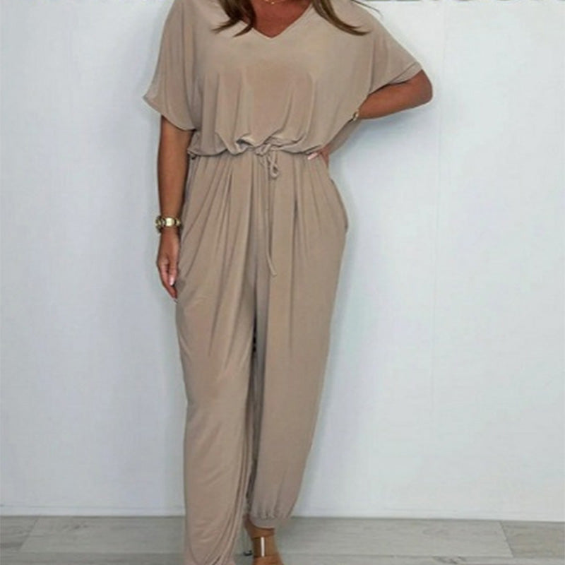 Women's V-Neck Solid Color Loose Waisted Jumpsuit
