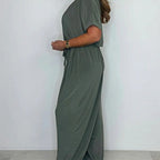 Women's V-Neck Solid Color Loose Waisted Jumpsuit