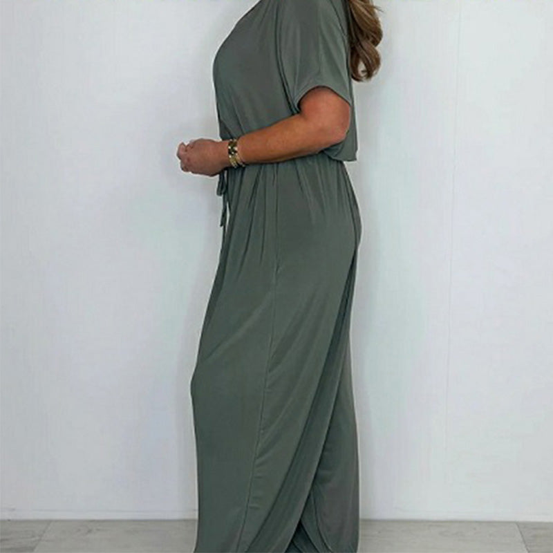 Women's V-Neck Solid Color Loose Waisted Jumpsuit
