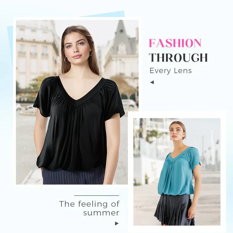 Women's Casual Pleated V-Neck Short-Sleeve Top