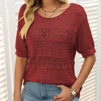 Women's Round Neck Hollow Knit Crochet Short Sleeve Sweater