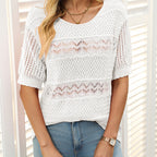 Women's Round Neck Hollow Knit Crochet Short Sleeve Sweater