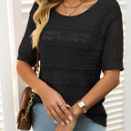 Women's Round Neck Hollow Knit Crochet Short Sleeve Sweater