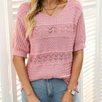 Women's Round Neck Hollow Knit Crochet Short Sleeve Sweater