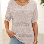 Women's Round Neck Hollow Knit Crochet Short Sleeve Sweater