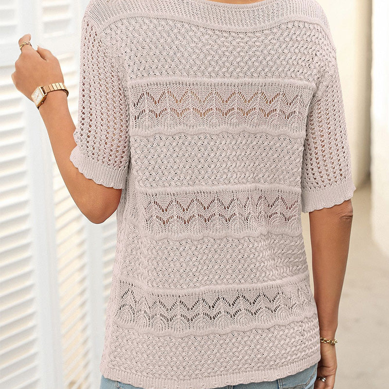 Women's Round Neck Hollow Knit Crochet Short Sleeve Sweater