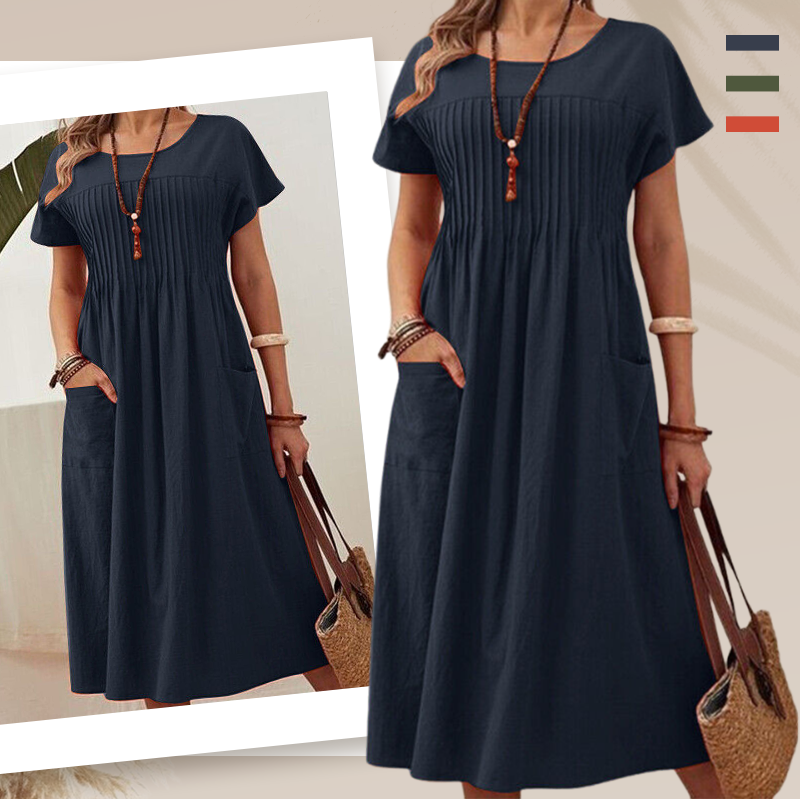 👗 Women’s Pleated Short-Sleeve Dress with Pockets – Soft Cotton-Linen Blend ☀️👜