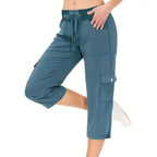 Women's Solid Color High-Waist Drawstring 3/4-Length Cargo Pants