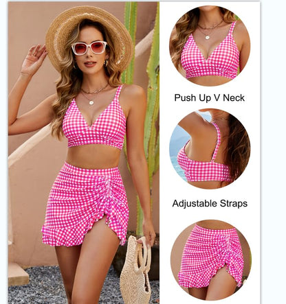 Gingham High Waisted Tummy Control Bikini Sets👙